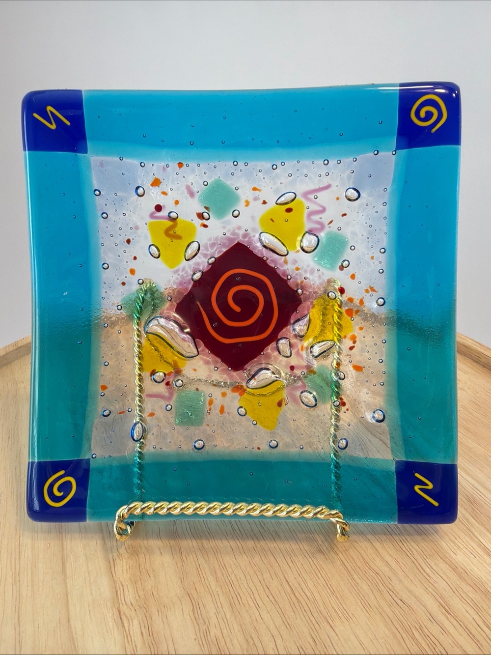 Susan Higgins Signed Studio Art Fused Glass Square Dish Dichroic Glass Piece 6x6